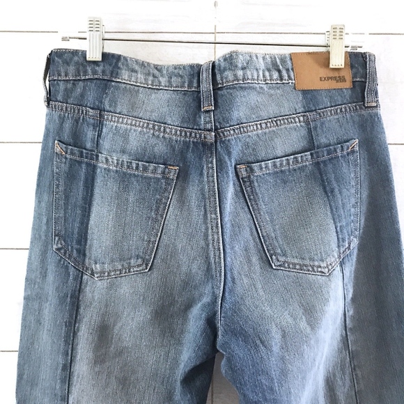 Express Blue Two Tone Raw Denim Girlfriend Jeans - Picture 7 of 8